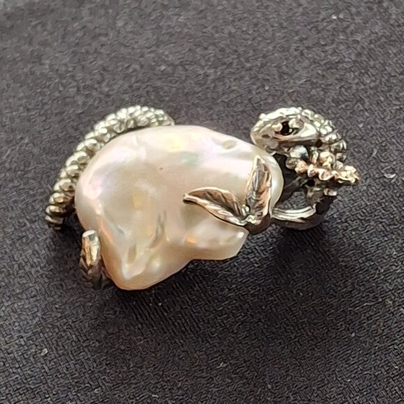 Vintage Large Baroque Pearl Silver & Rose Gold Serpent in Garden of Eden Pendant - Picture 4 of 9
